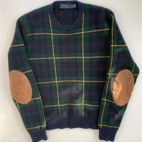 Polo Ralph Lauren Lambs Wool Leather Patch Blue Watch Tartan Sweater Size Medium - Picture 1 of 4